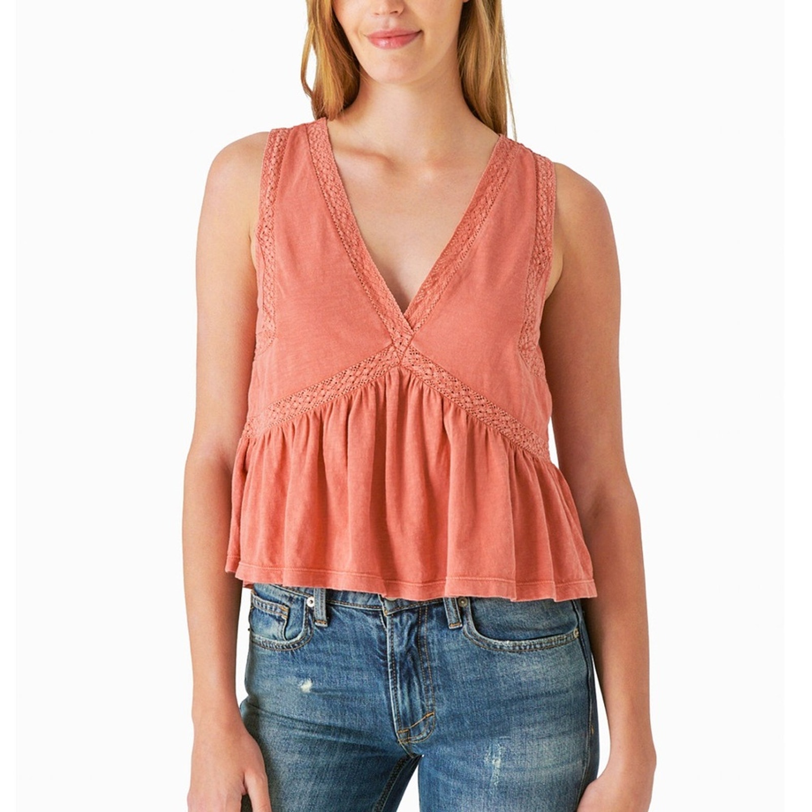 Nwt Lucky Brand Geo Lace Tank Top Orange /Red Lace Trim Tie Tassel Back Xl $60